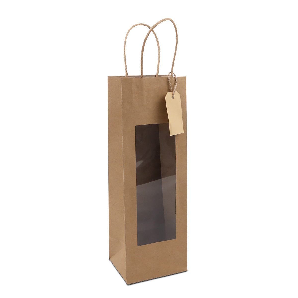Twisted papieren cadeautasjes met venster en hangtags