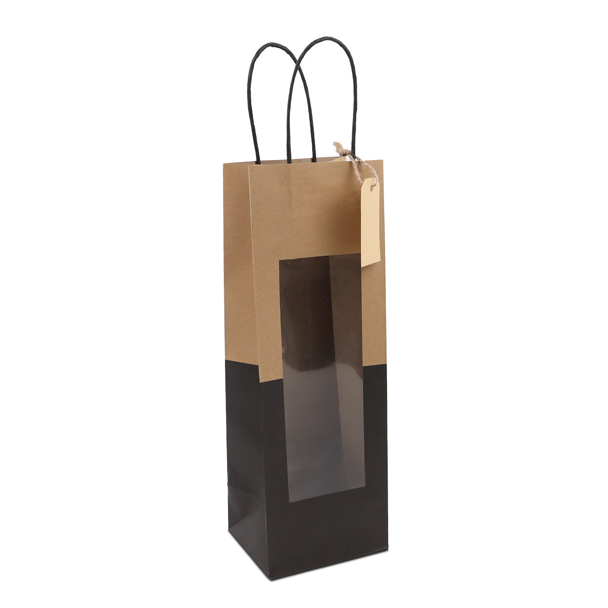 Twisted papieren cadeautasjes met venster en hangtags