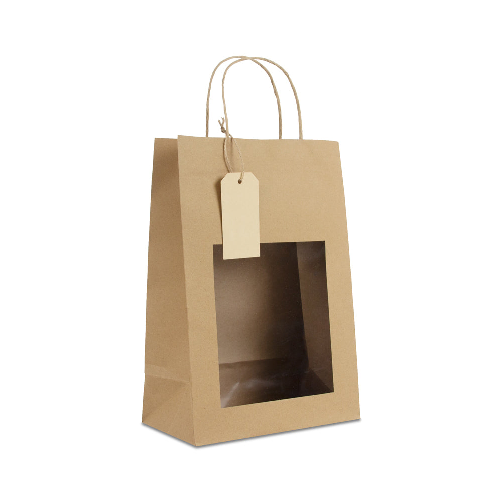 Twisted papieren cadeautasjes met venster en hangtags
