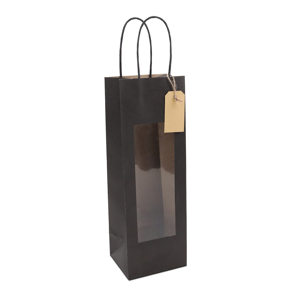 Twisted papieren cadeautasjes met venster en hangtags