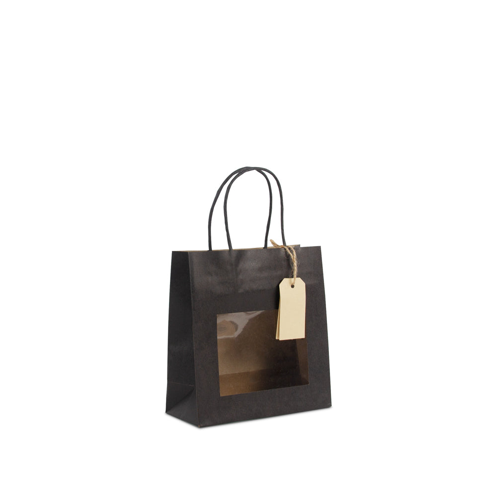 Twisted papieren cadeautasjes met venster en hangtags