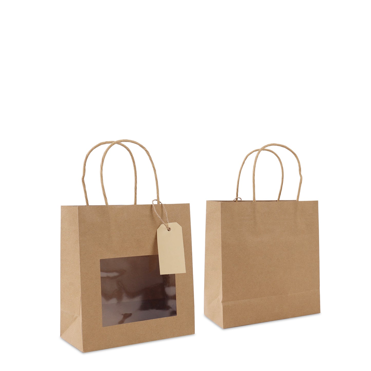 Twisted papieren cadeautasjes met venster en hangtags