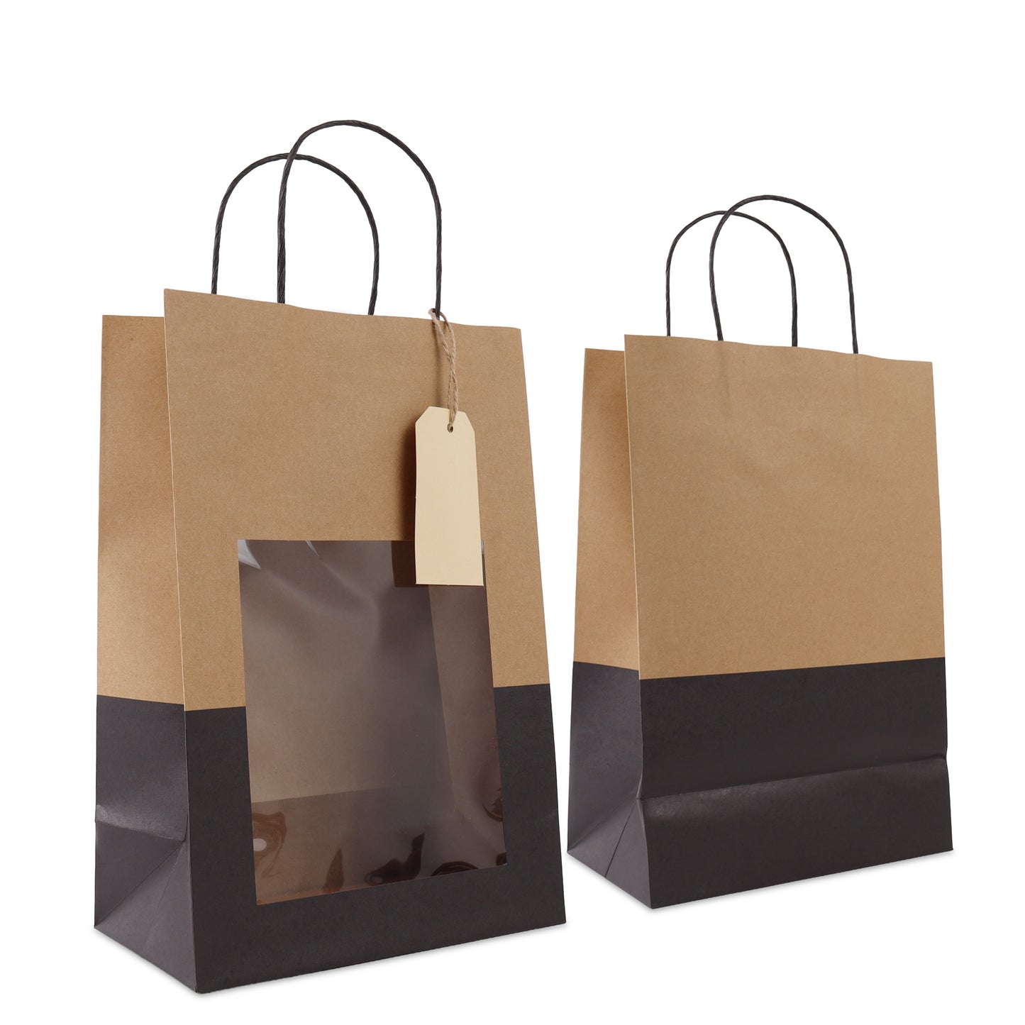 Twisted papieren cadeautasjes met venster en hangtags