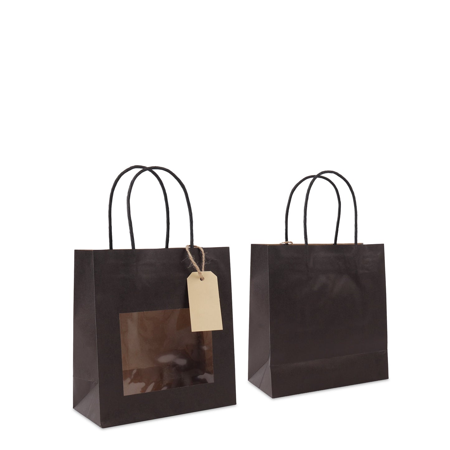 Twisted papieren cadeautasjes met venster en hangtags