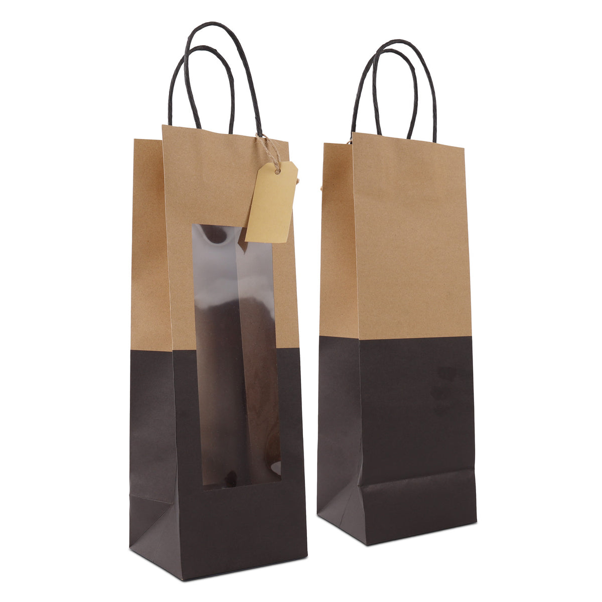 Twisted papieren cadeautasjes met venster en hangtags