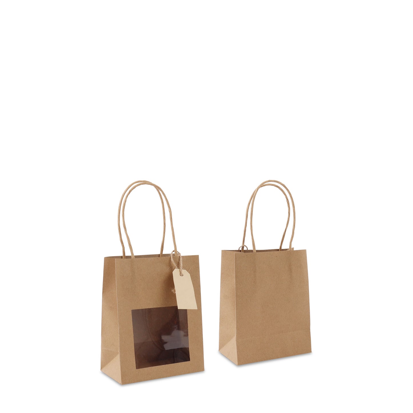 Twisted papieren cadeautasjes met venster en hangtags